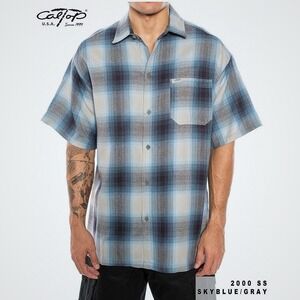 CalTop Men's Button Up SS Flannel Shirt USA Homie Grey Sky Blue Plaid‎ 5XL